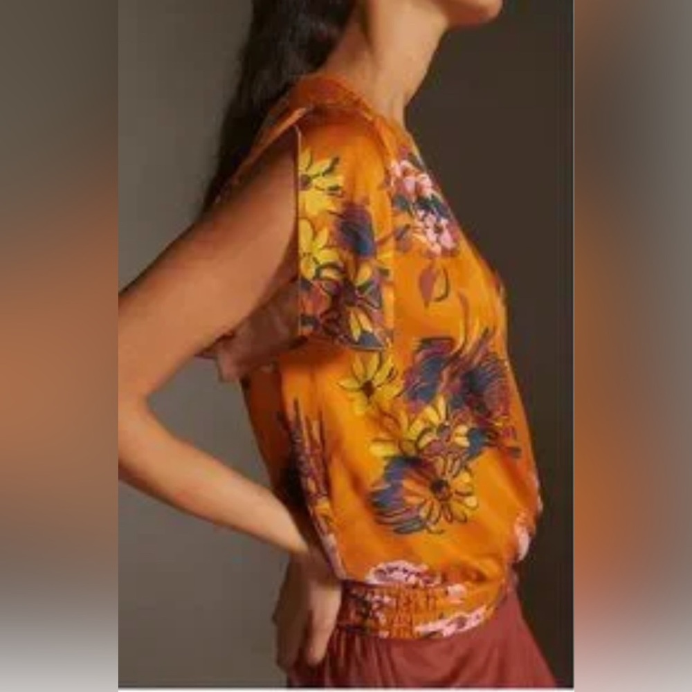 Anthropologie Tiny Venus Knit Wrap Top Floral Orange - Picture 2 of 7